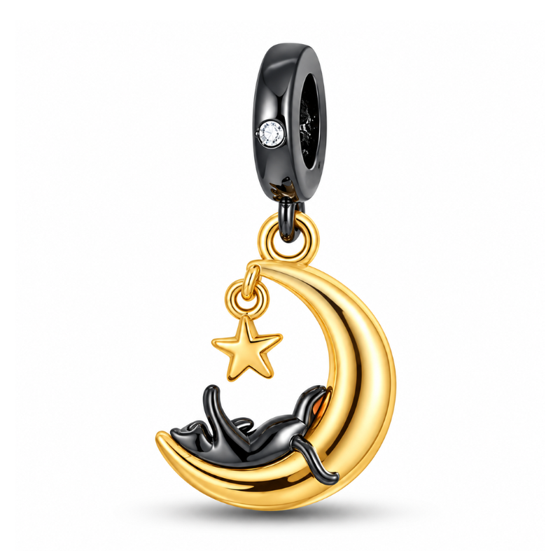 Charm chat noir lune doré pour bracelet