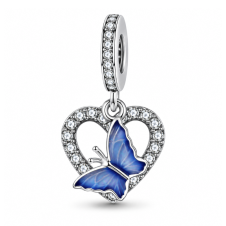 Charm coeur strass blanc papillon bleu pour bracelet