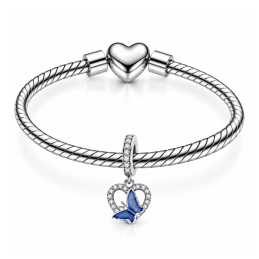 Charm coeur strass blanc papillon bleu pour bracelet
