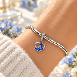 Charm coeur strass blanc papillon bleu pour bracelet