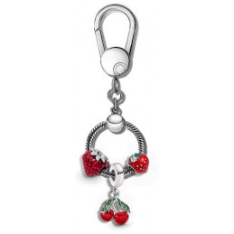 Porte clés rond bijoux argent avec charm double fraise cerise