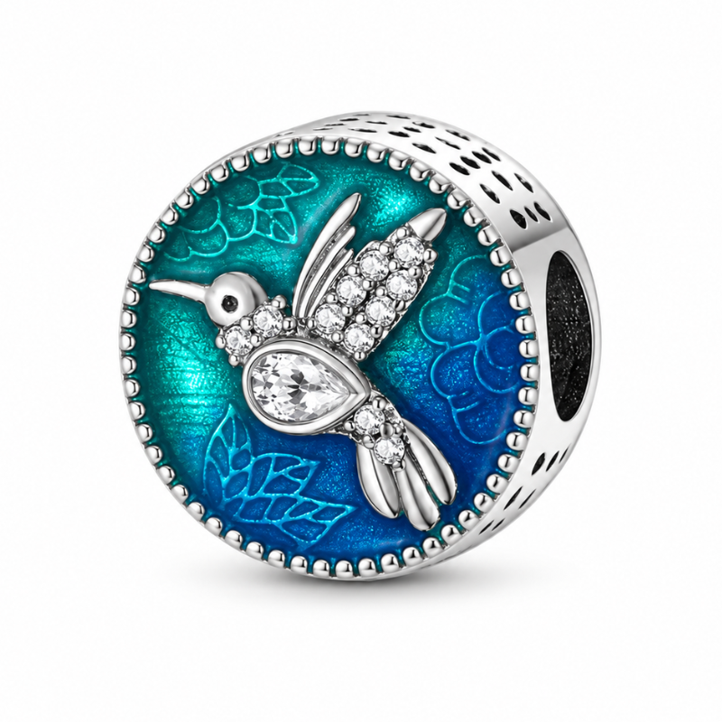 Charm rond colibri strass bleu turquoise pour bracelet