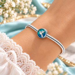 Charm rond colibri strass bleu turquoise pour bracelet