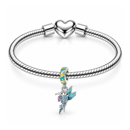 Charm colibri strass bleu turquoise rayure jaune pour bracelet