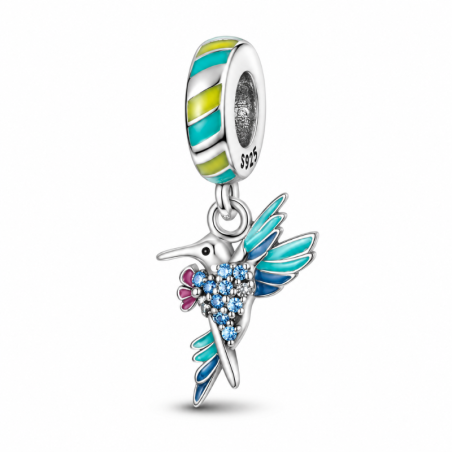 Charm colibri strass bleu turquoise rayure jaune pour bracelet