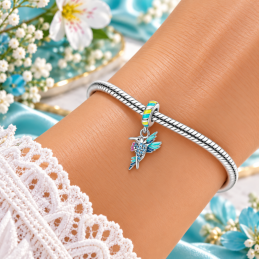 Charm colibri strass bleu turquoise rayure jaune pour bracelet