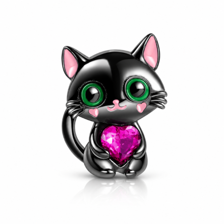 Charm chat noir mignon coeur pierre rose pour bracelet