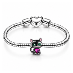 Charm chat noir mignon coeur pierre rose pour bracelet