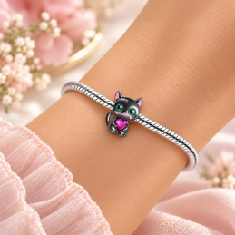 Charm chat noir mignon coeur pierre rose pour bracelet