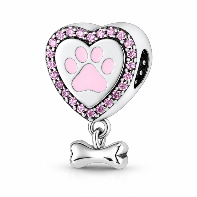Charm patte de chien chat coeur os pierre rose pour bracelet