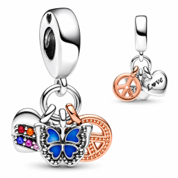 Charm papillon coeur "peace and love" strass rose pour bracelet