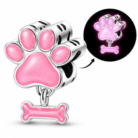 Charm phosphorescent patte chien os rose pour bracelet