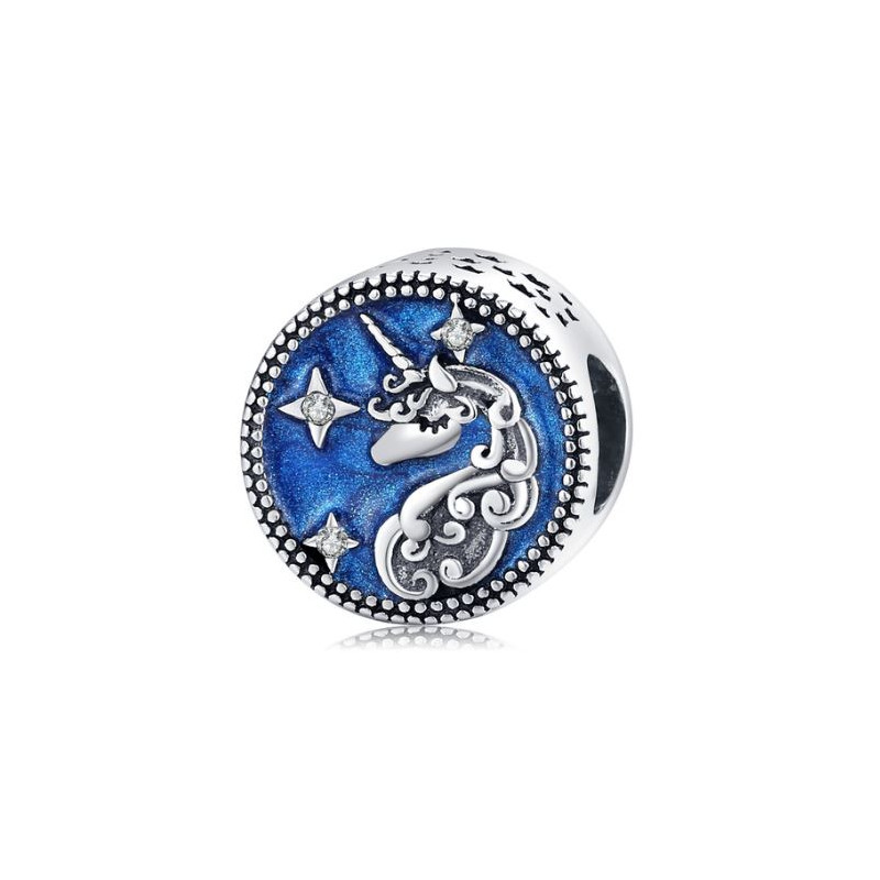 Charm licorne rond bleu étoile argent pour bracelet