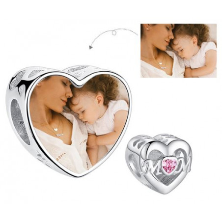Charm personnalisable photo coeur maman pierre rose pour bracelet