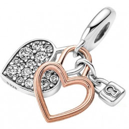 Charm double coeur argent or rose cadenas pour bracelet