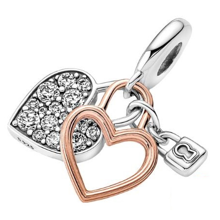 Charm double coeur argent or rose cadenas pour bracelet