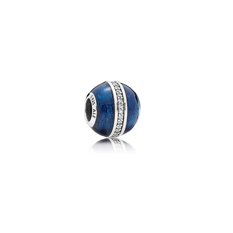 Charm boule bleu ligne blanche strass argent pour bracelet
