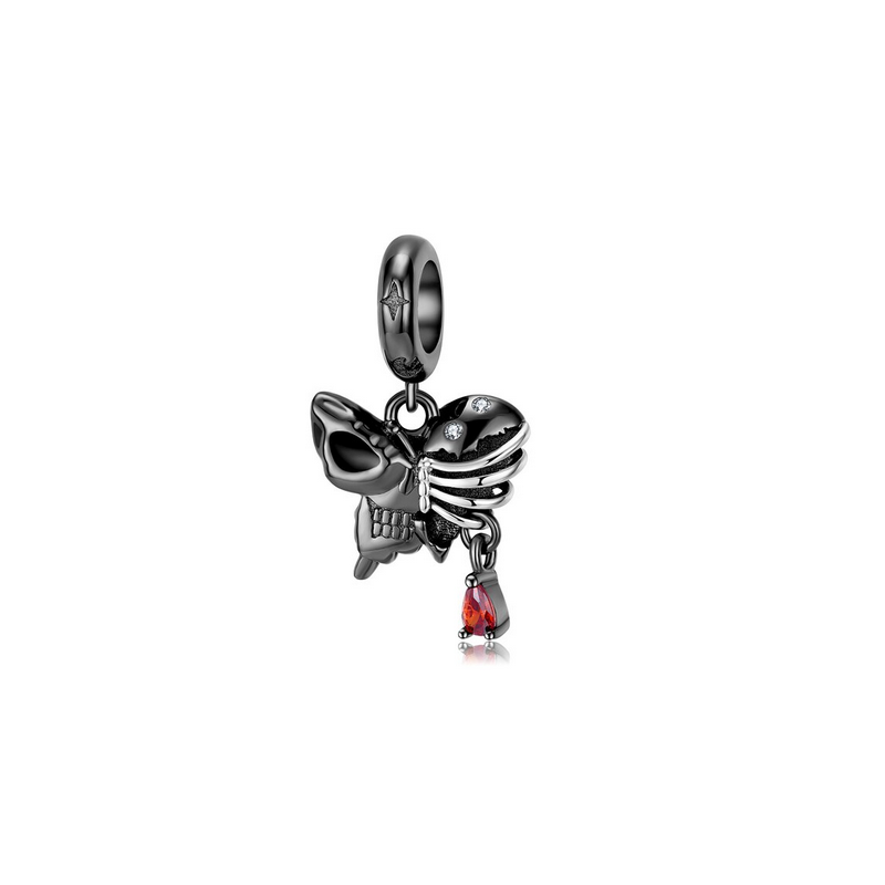 Charm papillon tête de mort squelette noir pierre rouge pour bracelet