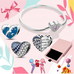 Bracelet avec trois charms coeur mer vague aile d'ange argent