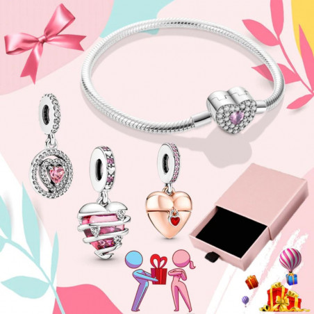 Bracelet avec trois charms coeur or rose spirale pierre rose argent