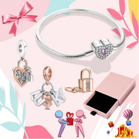 Bracelet avec trois charms coeur cadenas chance trèfle clef or rose argent