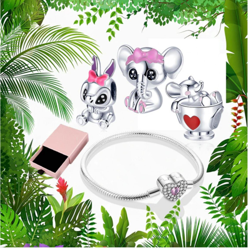Bracelet avec trois charms coeur éléphant tasse lapin argent