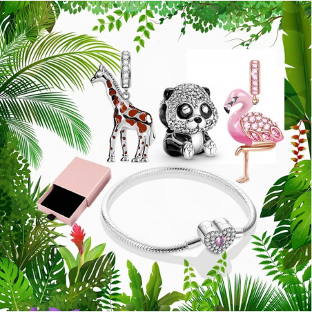 Bracelet avec trois charms coeur girafe panda flamant rose argent