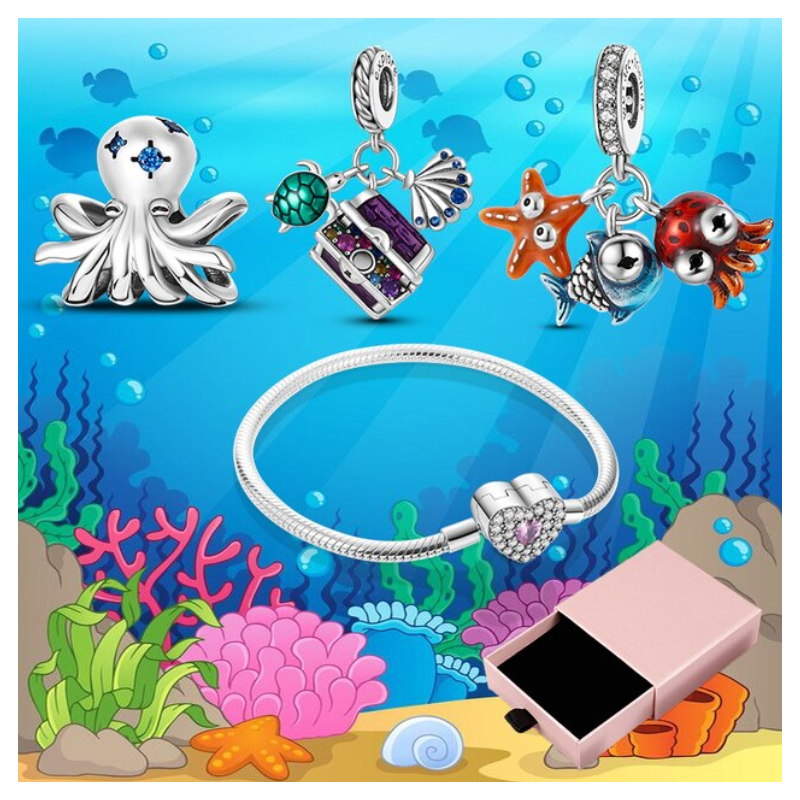 Bracelet avec trois charms coeur pieuvre coquillage coffre argent