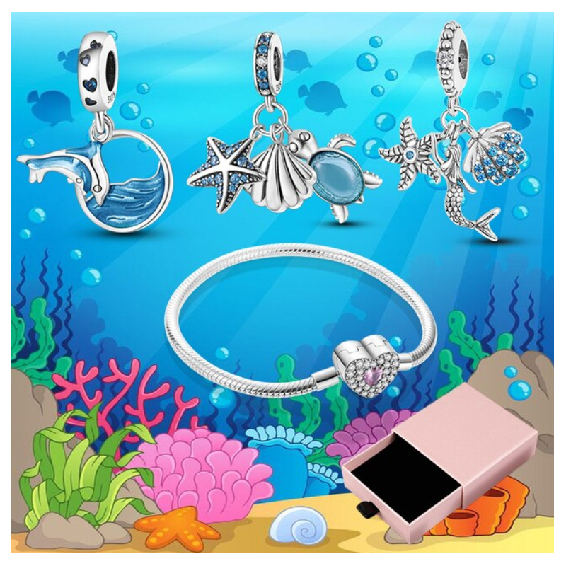 Bracelet avec trois charms coeur dauphin sirène tortue coquillage argent