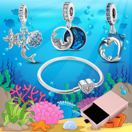 Bracelet avec trois charms coeur dauphin sirène coquillage argent