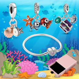 Bracelet avec trois charms coeur coquillage étoile de mer coffre argent