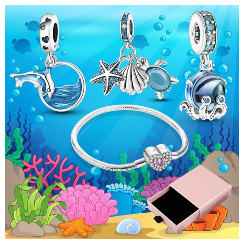 Bracelet avec trois charms coeur pieuvre tortue dauphin argent