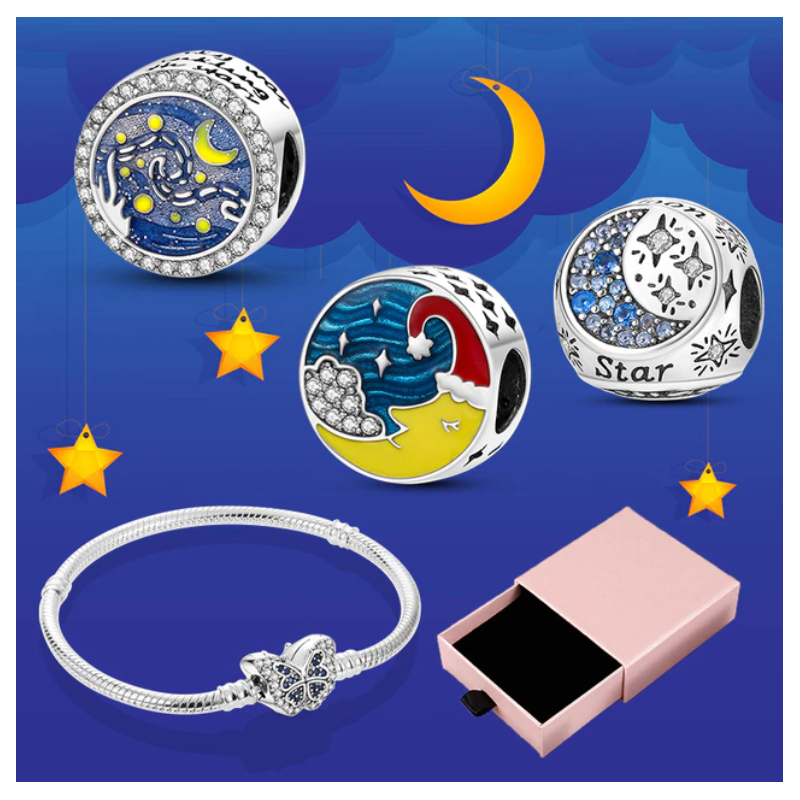 Bracelet avec trois charms papillon lune bonnet étoile argent