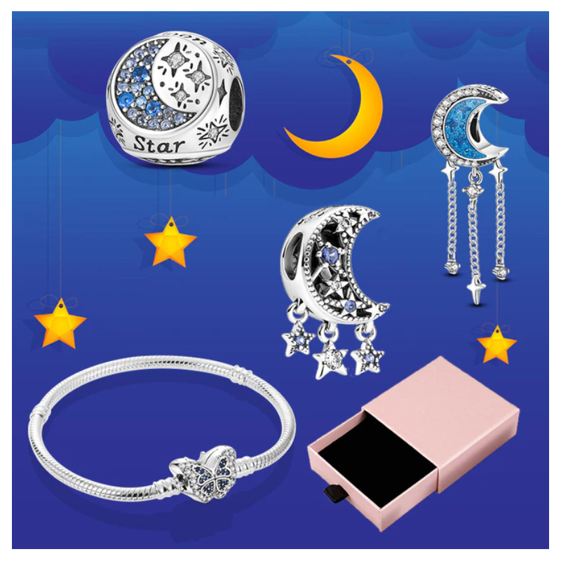 Bracelet avec trois charms papillon lune pendentif étoile argent