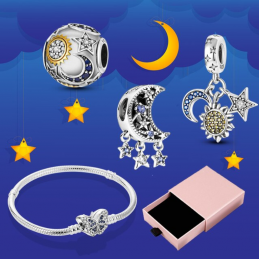 Bracelet avec trois charms papillon boule lune étoile soleil argent