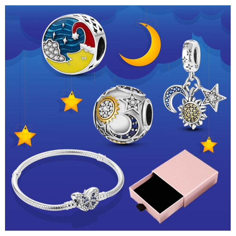Bracelet avec trois charms papillon lune bonnet soleil argent