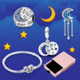 Bracelet avec trois charms papillon boule lune étoile argent