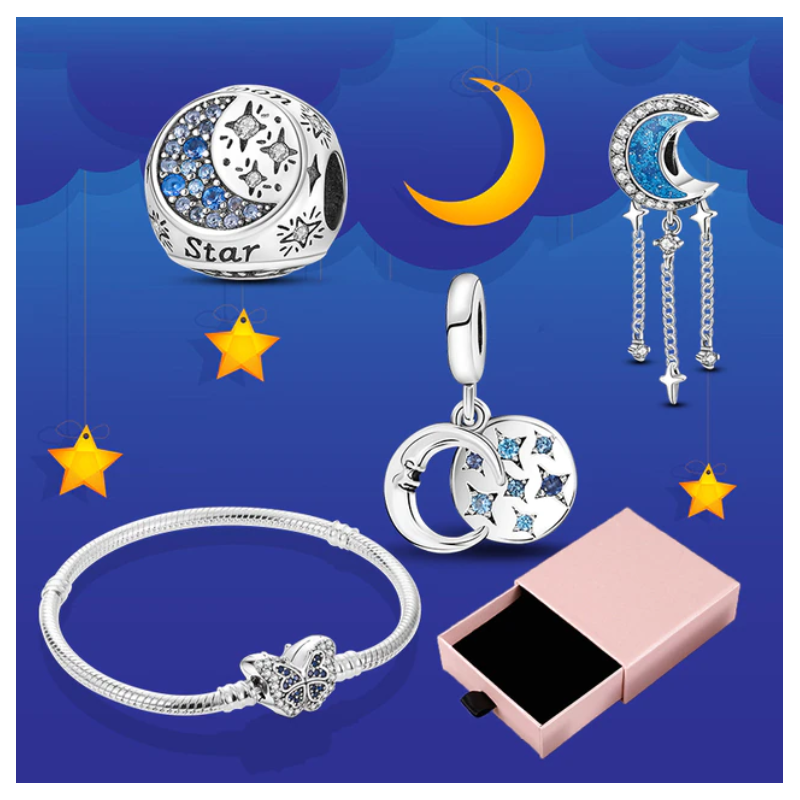Bracelet avec trois charms papillon boule lune étoile argent