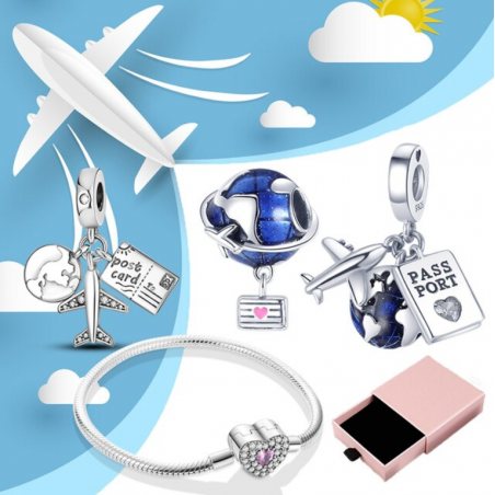 Bracelet avec trois charms coeur avion planète passeport argent