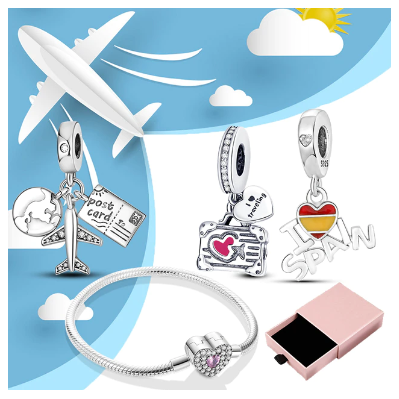 Bracelet avec trois charms coeur avion valise espagne argent