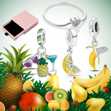 Bracelet avec trois charms coeur ananas citron banane argent