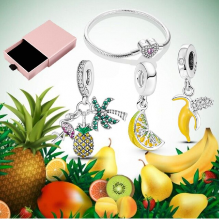 Bracelet avec trois charms coeur palmier citron banane argent