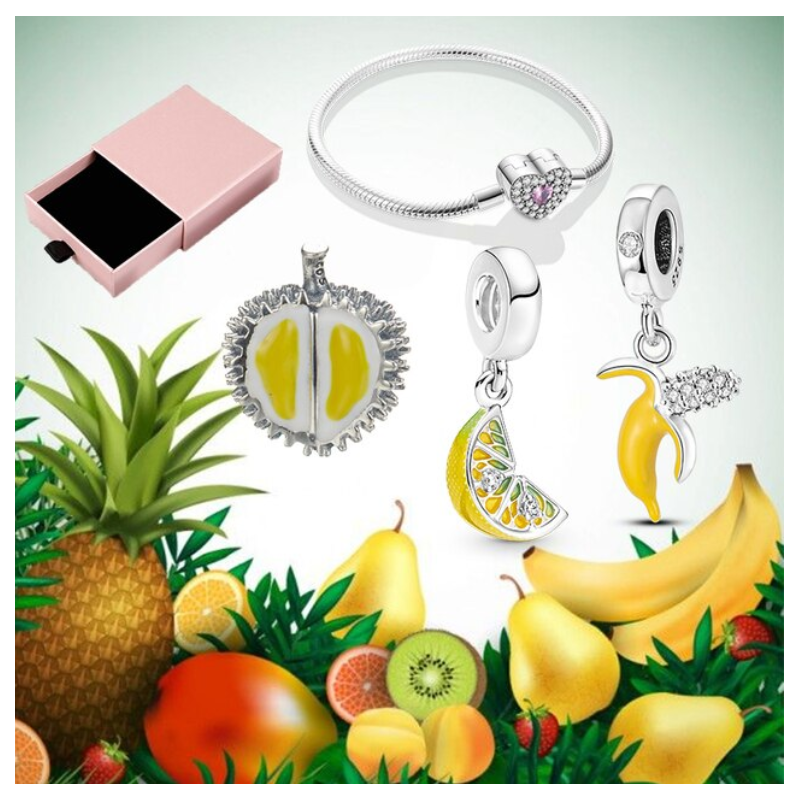 Bracelet avec trois charms coeur durian citron banane argent
