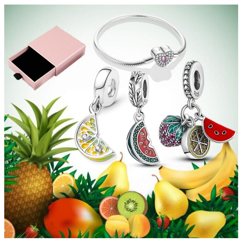 Bracelet avec trois charms coeur citron pastèque fraise argent