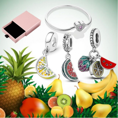 Bracelet avec trois charms coeur citron pastèque fraise argent