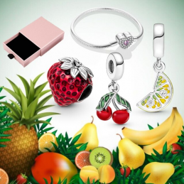 Bracelet avec trois charms coeur fraise cerise citron argent