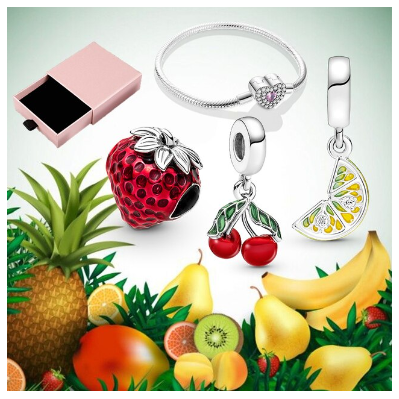 Bracelet avec trois charms coeur fraise cerise citron argent