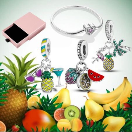 Bracelet avec trois charms coeur cocktail ananas fraise palmier argent