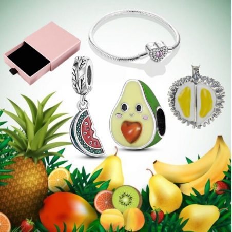 Bracelet avec trois charms coeur pastèque avocat durian argent