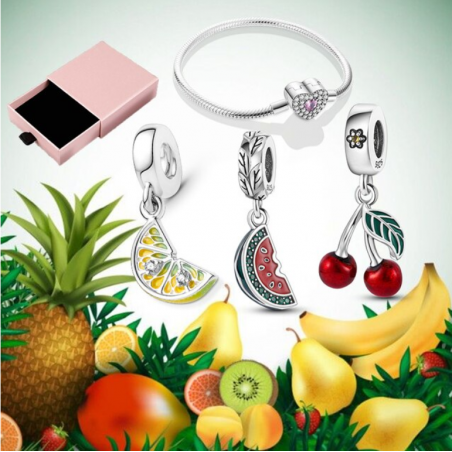 Bracelet avec trois charms coeur citron pastèque cerise argent